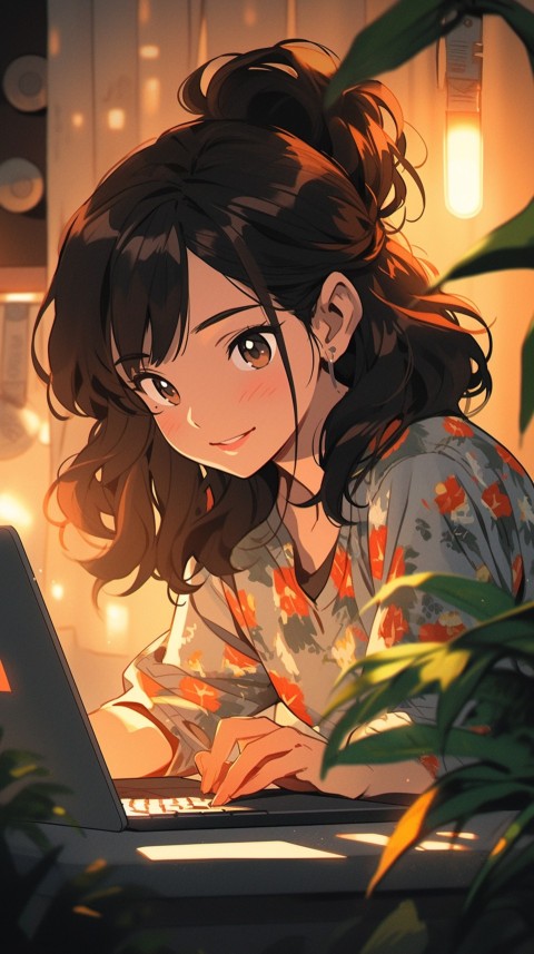 Cute Happy Anime Girl using Laptop Computer Aesthetic (219)