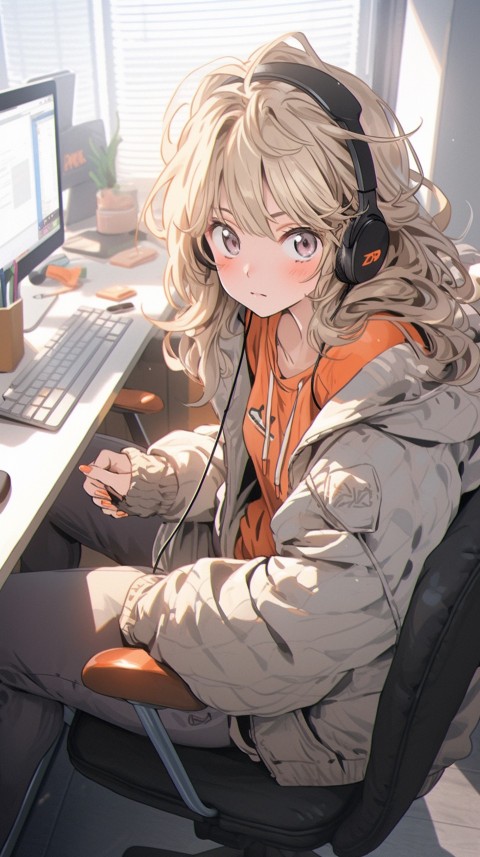 Cute Happy Anime Girl using Laptop Computer Aesthetic (241)