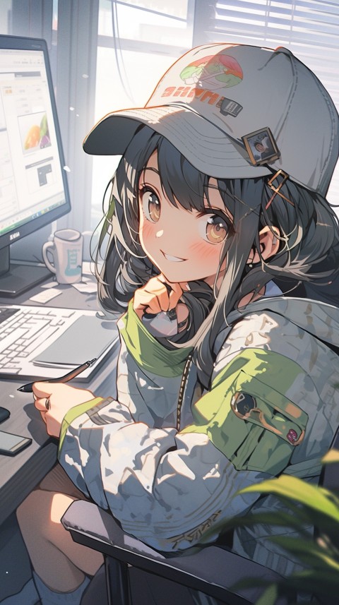 Cute Happy Anime Girl using Laptop Computer Aesthetic (244)