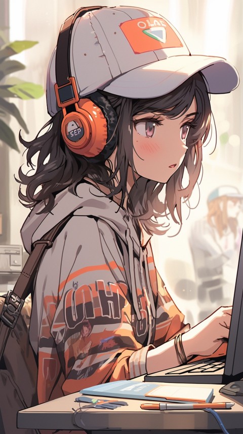 Cute Happy Anime Girl using Laptop Computer Aesthetic (221)