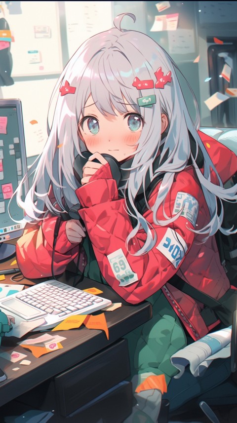 Cute Happy Anime Girl using Laptop Computer Aesthetic (215)