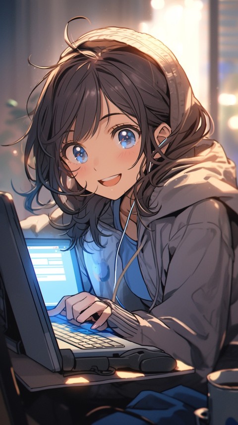 Cute Happy Anime Girl using Laptop Computer Aesthetic (218)