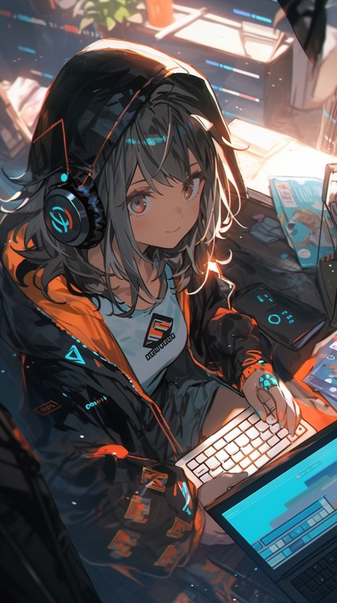 Cute Happy Anime Girl using Laptop Computer Aesthetic (210)