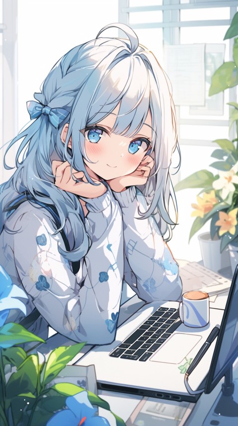 Cute Happy Anime Girl using Laptop Computer Aesthetic (276)