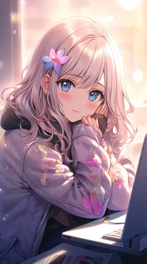 Cute Happy Anime Girl using Laptop Computer Aesthetic (269)