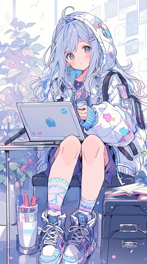 Cute Happy Anime Girl using Laptop Computer Aesthetic (282)