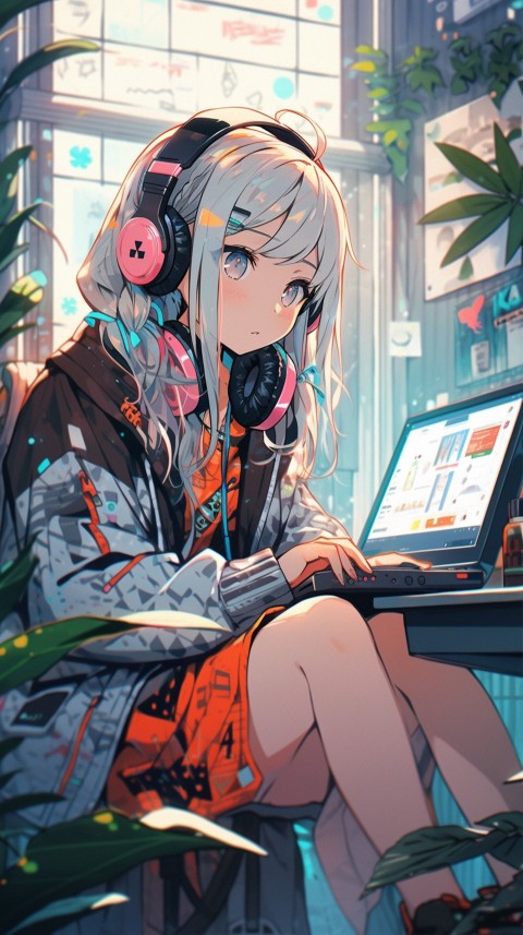 Cute Happy Anime Girl using Laptop Computer Aesthetic (273)