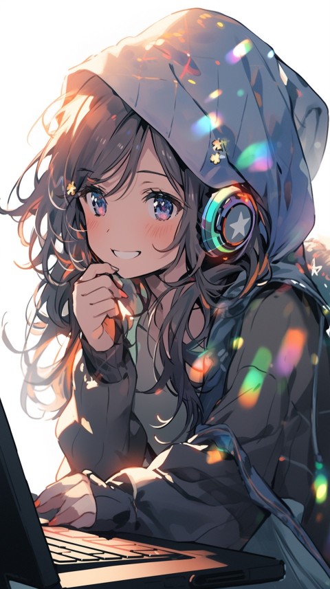 Cute Happy Anime Girl using Laptop Computer Aesthetic (289)