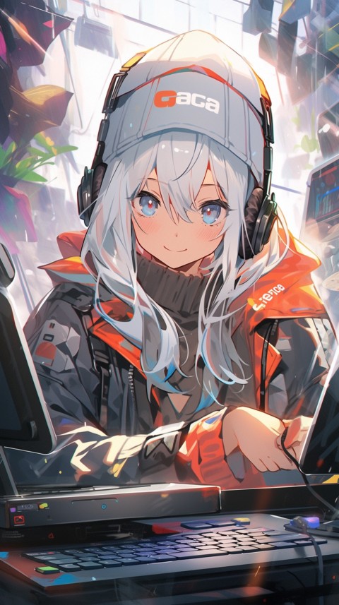 Cute Happy Anime Girl using Laptop Computer Aesthetic (270)