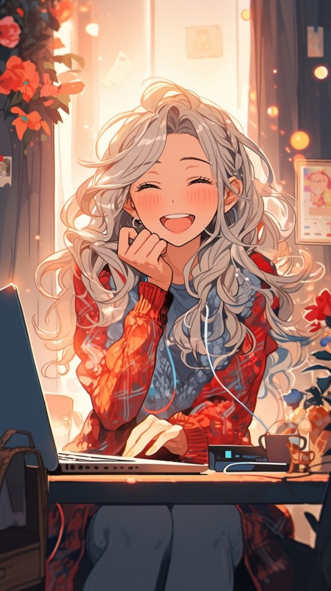 Cute Happy Anime Girl using Laptop Computer Aesthetic (274)