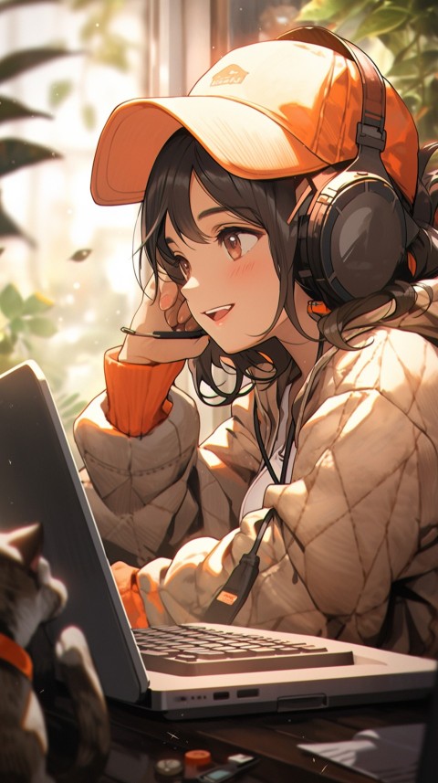 Cute Happy Anime Girl using Laptop Computer Aesthetic (254)