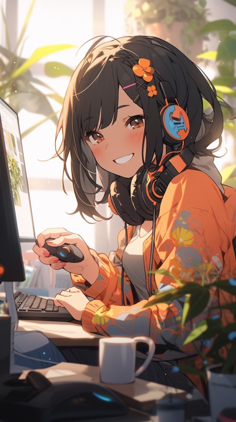 Cute Happy Anime Girl using Laptop Computer Aesthetic (262)