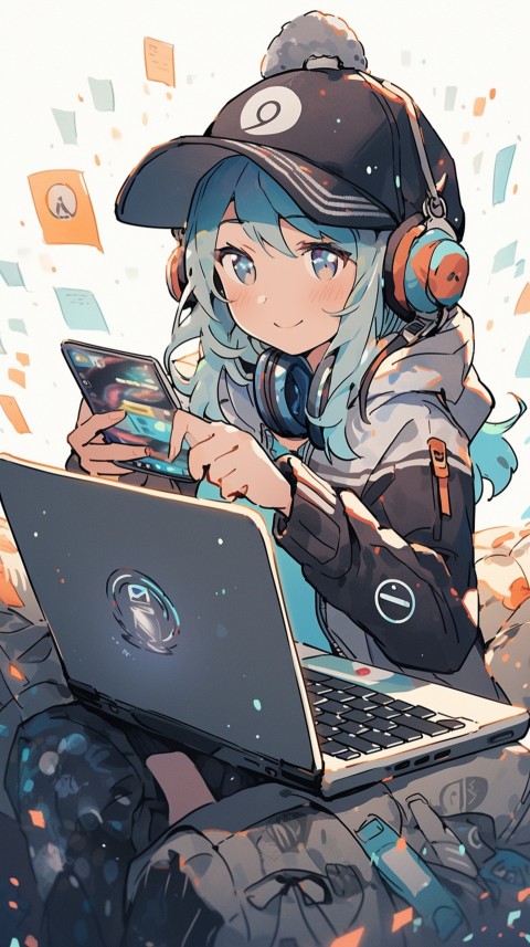 Cute Happy Anime Girl using Laptop Computer Aesthetic (299)