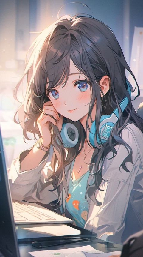 Cute Happy Anime Girl using Laptop Computer Aesthetic (284)