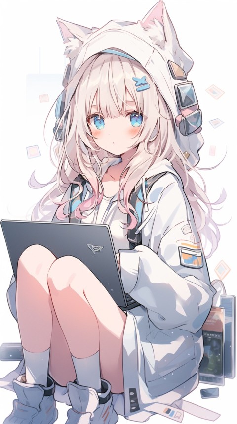 Cute Happy Anime Girl using Laptop Computer Aesthetic (305)
