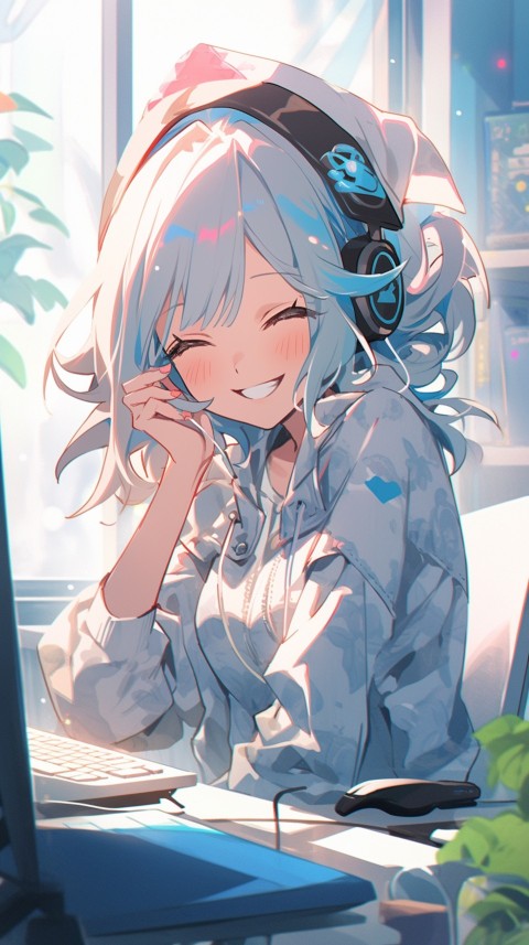 Cute Happy Anime Girl using Laptop Computer Aesthetic (304)