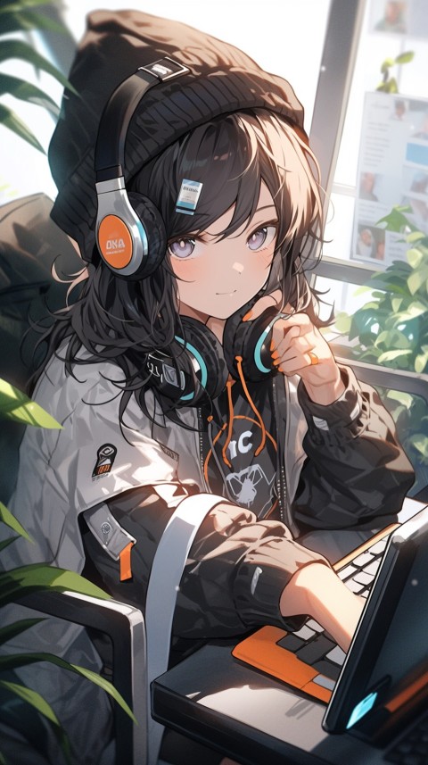 Cute Happy Anime Girl using Laptop Computer Aesthetic (346)