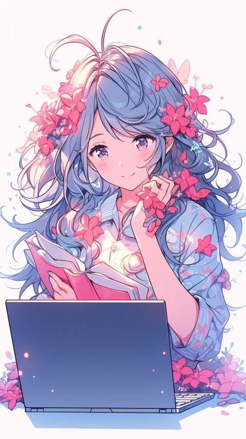 Cute Happy Anime Girl using Laptop Computer Aesthetic (312)