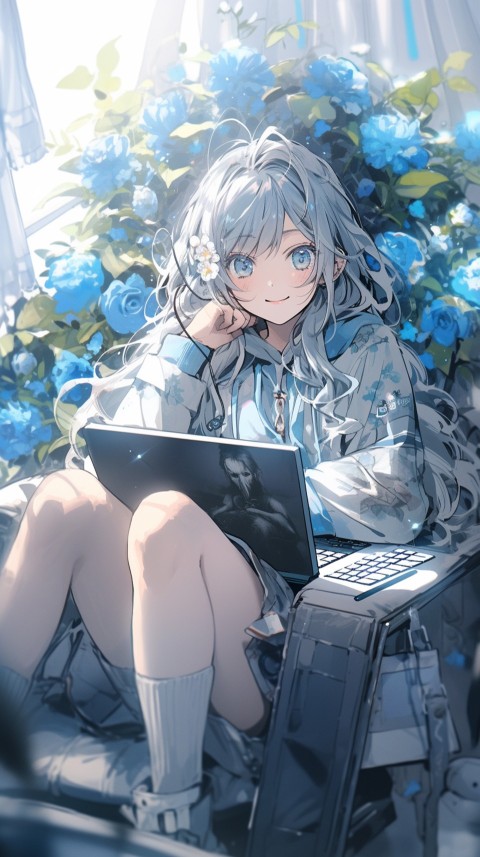 Cute Happy Anime Girl using Laptop Computer Aesthetic (337)