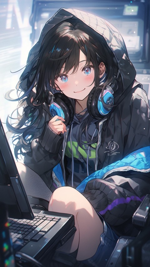 Cute Happy Anime Girl using Laptop Computer Aesthetic (335)