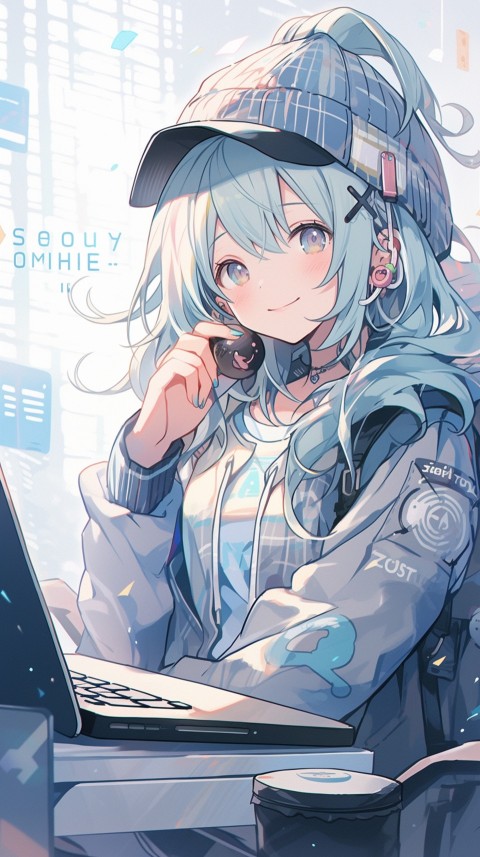 Cute Happy Anime Girl using Laptop Computer Aesthetic (302)