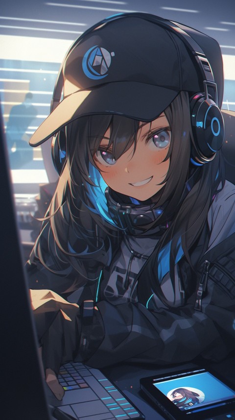 Cute Happy Anime Girl using Laptop Computer Aesthetic (308)