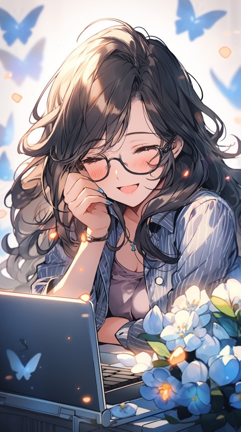 Cute Happy Anime Girl using Laptop Computer Aesthetic (329)