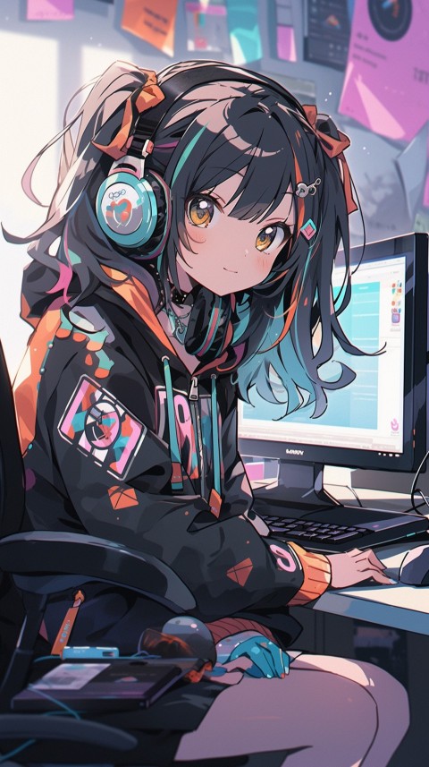 Cute Happy Anime Girl using Laptop Computer Aesthetic (347)
