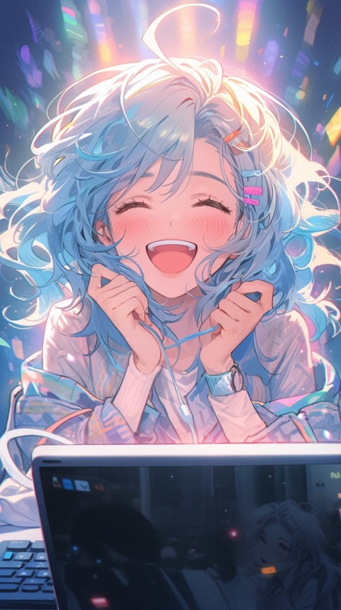Cute Happy Anime Girl using Laptop Computer Aesthetic (344)