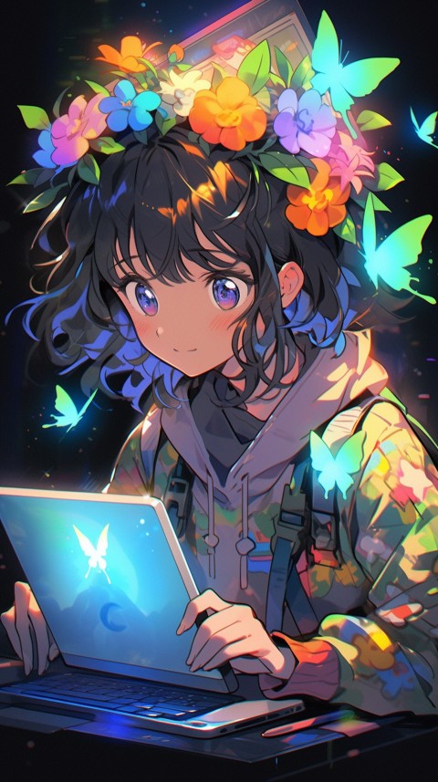 Cute Happy Anime Girl using Laptop Computer Aesthetic (321)