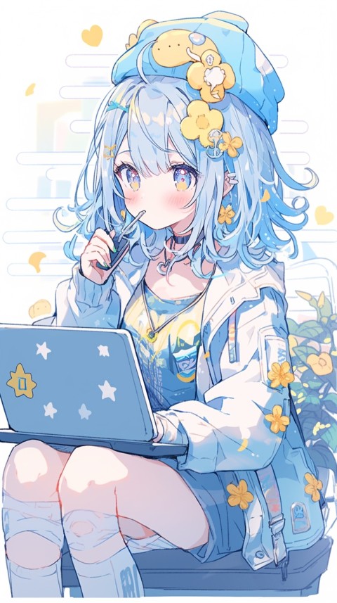Cute Happy Anime Girl using Laptop Computer Aesthetic (383)