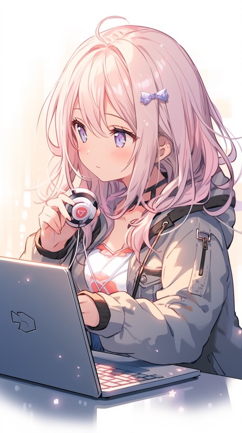 Cute Happy Anime Girl using Laptop Computer Aesthetic (398)