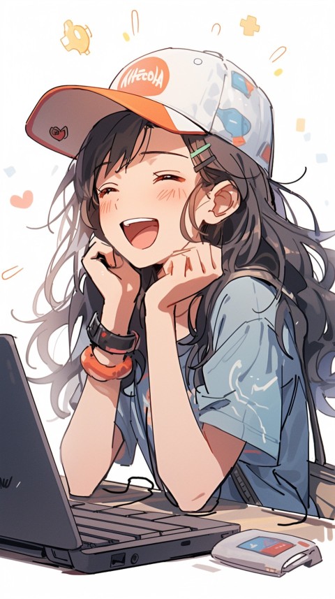 Cute Happy Anime Girl using Laptop Computer Aesthetic (358)