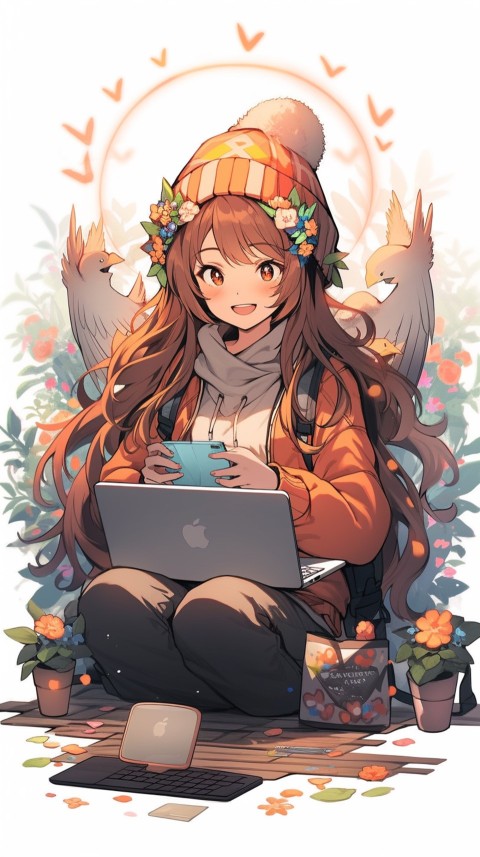 Cute Happy Anime Girl using Laptop Computer Aesthetic (379)