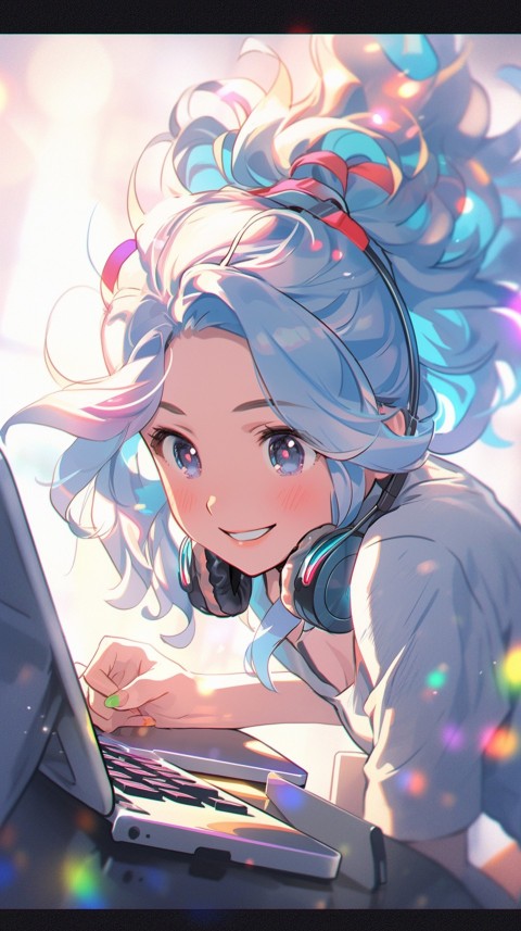 Cute Happy Anime Girl using Laptop Computer Aesthetic (400)