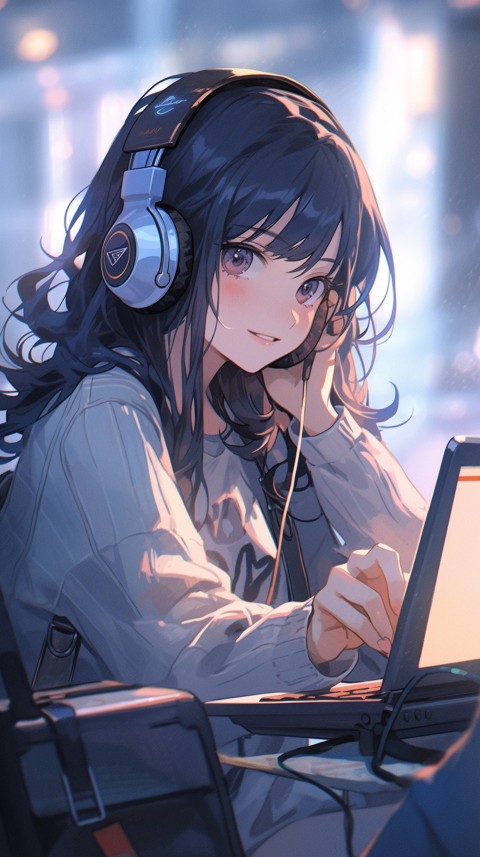 Cute Happy Anime Girl using Laptop Computer Aesthetic (393)
