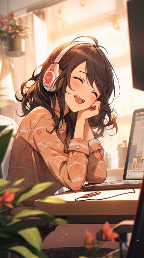 Cute Happy Anime Girl using Laptop Computer Aesthetic (353)