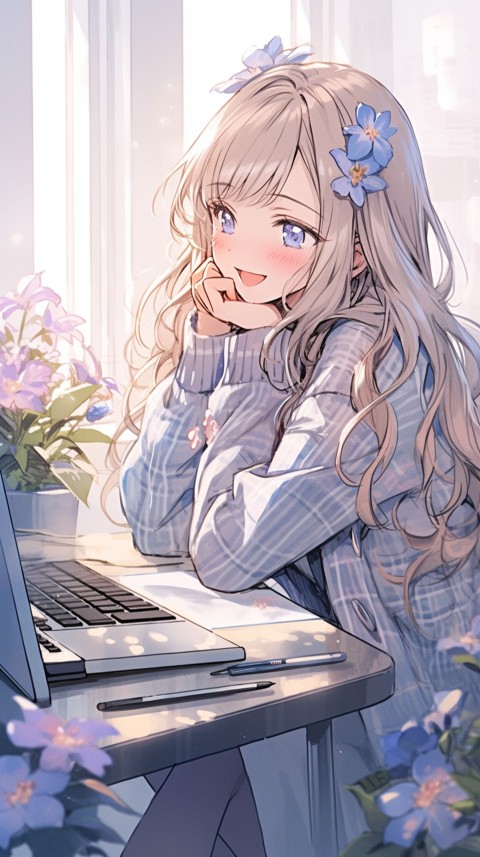 Cute Happy Anime Girl using Laptop Computer Aesthetic (363)
