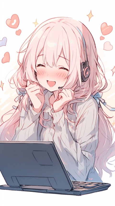 Cute Happy Anime Girl using Laptop Computer Aesthetic (387)