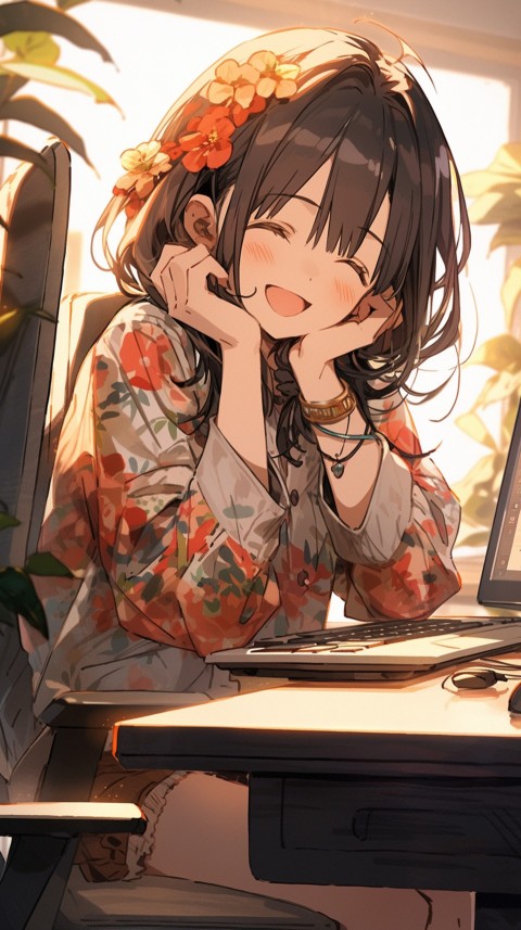 Cute Happy Anime Girl using Laptop Computer Aesthetic (356)