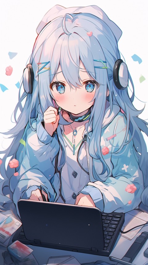 Cute Happy Anime Girl using Laptop Computer Aesthetic (362)