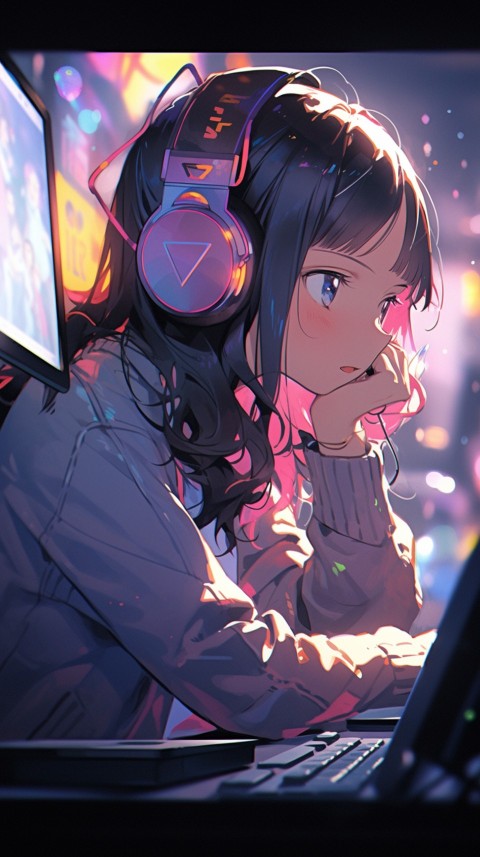 Cute Happy Anime Girl using Laptop Computer Aesthetic (385)