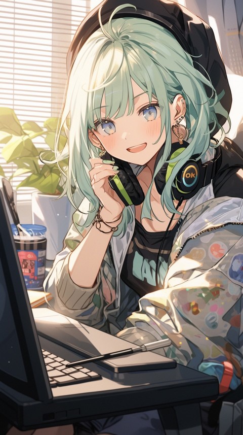 Cute Happy Anime Girl using Laptop Computer Aesthetic (384)