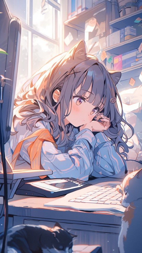 Cute Happy Anime Girl using Laptop Computer Aesthetic (357)