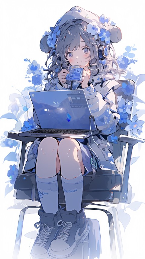 Cute Happy Anime Girl using Laptop Computer Aesthetic (423)