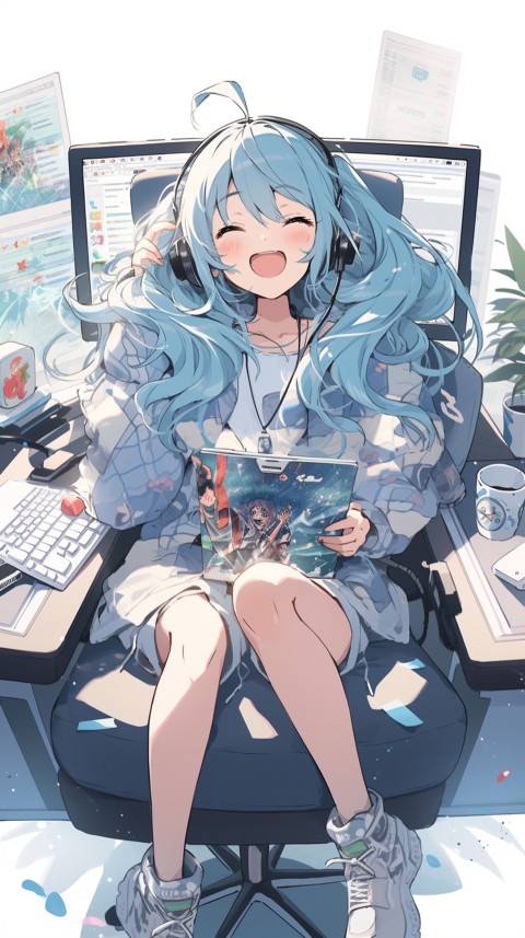 Cute Happy Anime Girl using Laptop Computer Aesthetic (447)