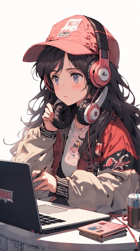 Cute Happy Anime Girl using Laptop Computer Aesthetic (411)