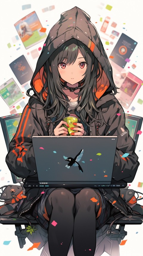 Cute Happy Anime Girl using Laptop Computer Aesthetic (427)