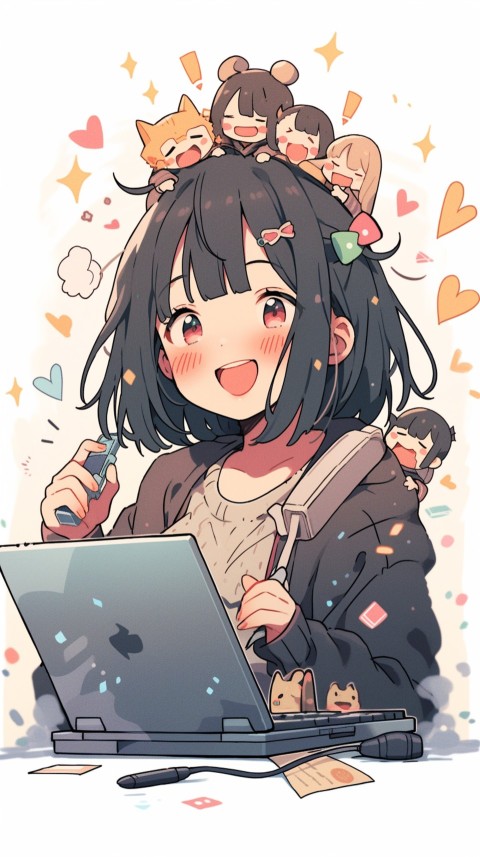 Cute Happy Anime Girl using Laptop Computer Aesthetic (404)