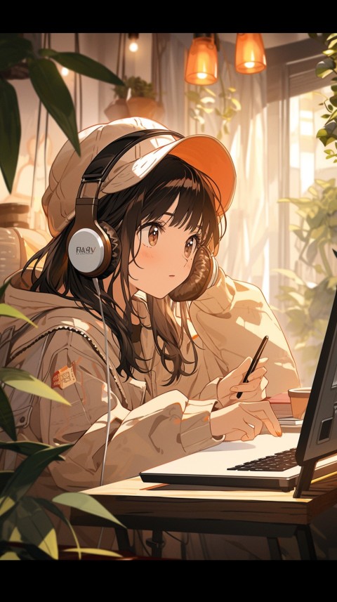 Cute Happy Anime Girl using Laptop Computer Aesthetic (416)